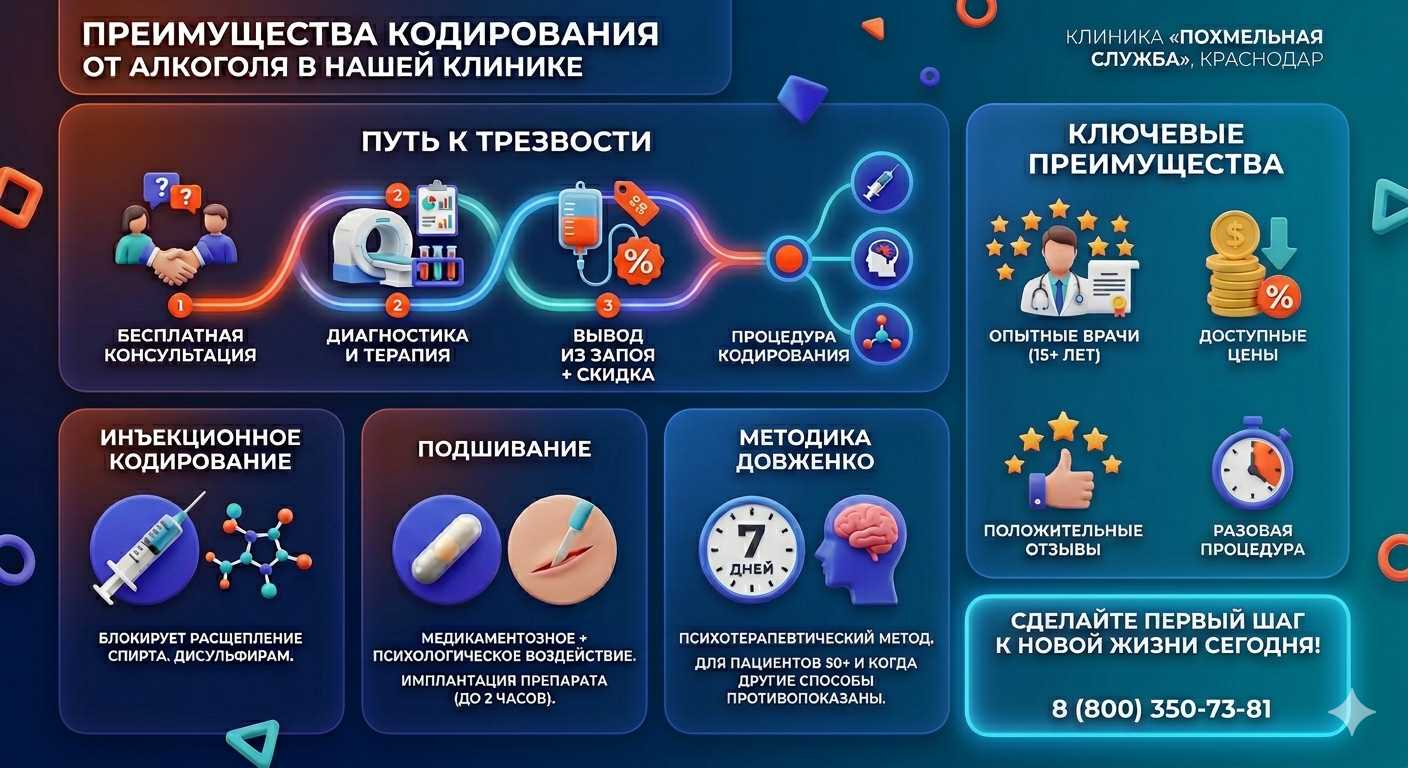 Инфографика о методах кодирования от алкоголя в Верхней Пышме: инъекции, подшивание, метод Довженко. Преимущества клиники и этапы лечения.
