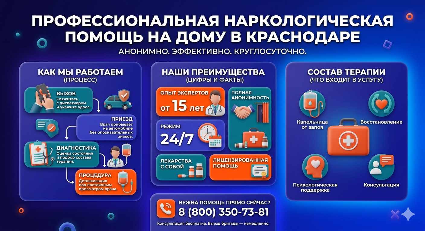 Инфографика о принципах лечения алкоголизма на дому в Верхней Пышме: этапы вызова нарколога, преимущества анонимной детоксикации и состав медицинской помощи.